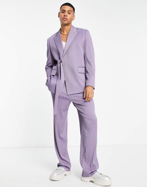 ASOS DESIGN belted suit jacket in lavender plisse