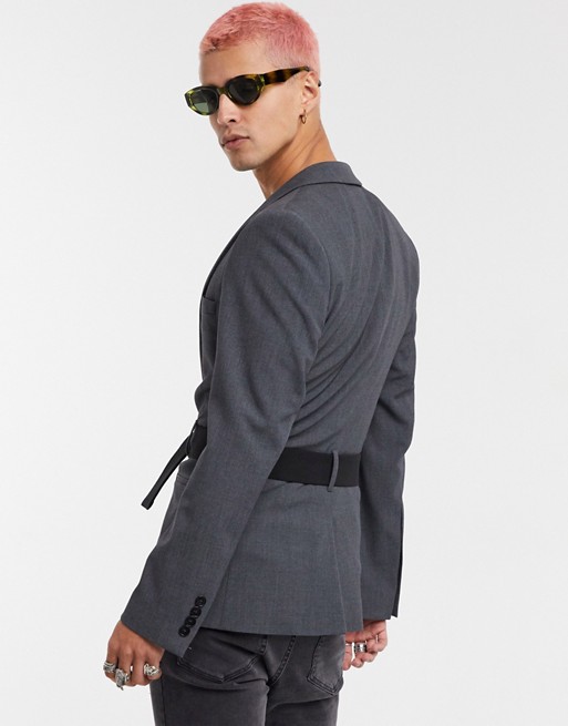 ASOS DESIGN belted super skinny suit jacket in charcoal