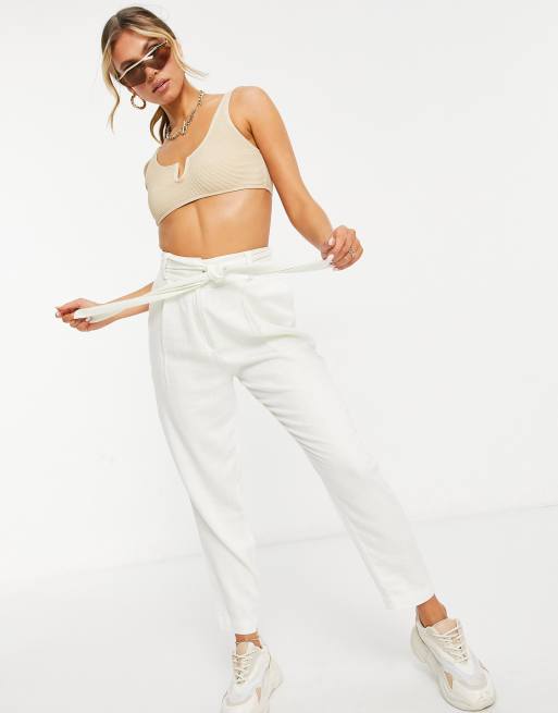 white linen pants, linen trousers, tapered trousers, high waisted