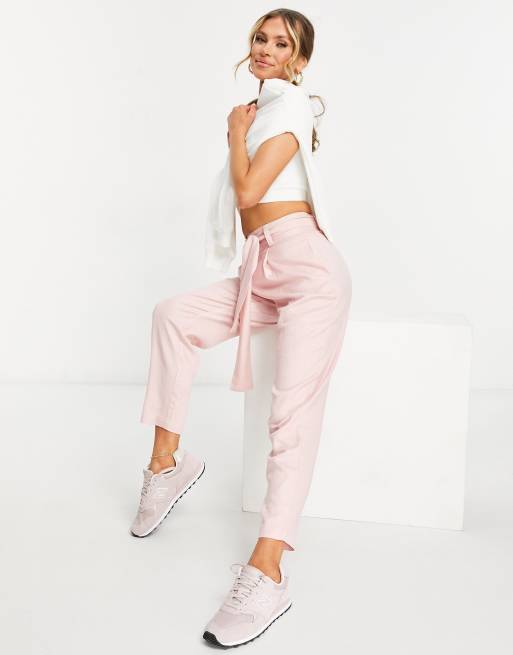 ASOS DESIGN belted tapered linen trousers in pink