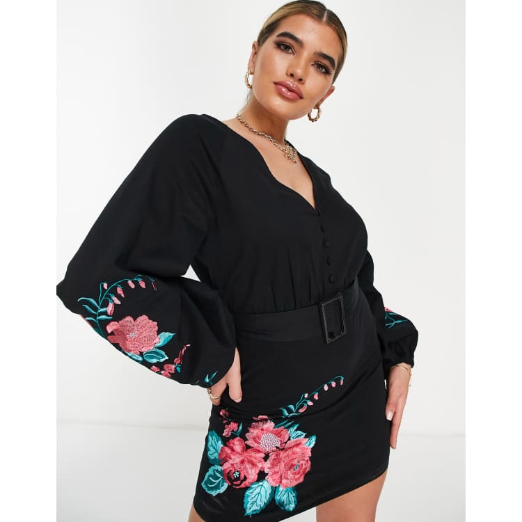 ASOS DESIGN belted twill mini dress with bright floral embroidery in black  | ASOS