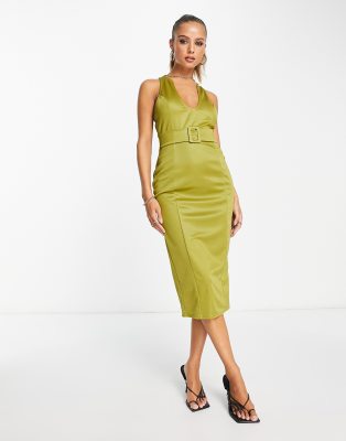 Asos Design Belted U Neckline Midi Dress In Olive-green In Green