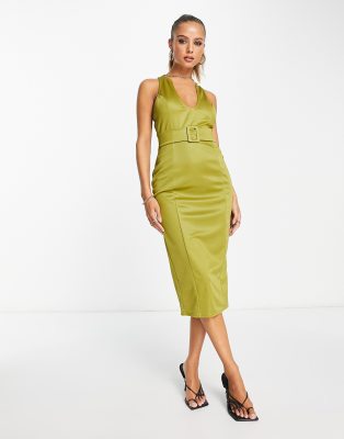 ASOS DESIGN BELTED U NECKLINE MIDI DRESS IN OLIVE-GREEN