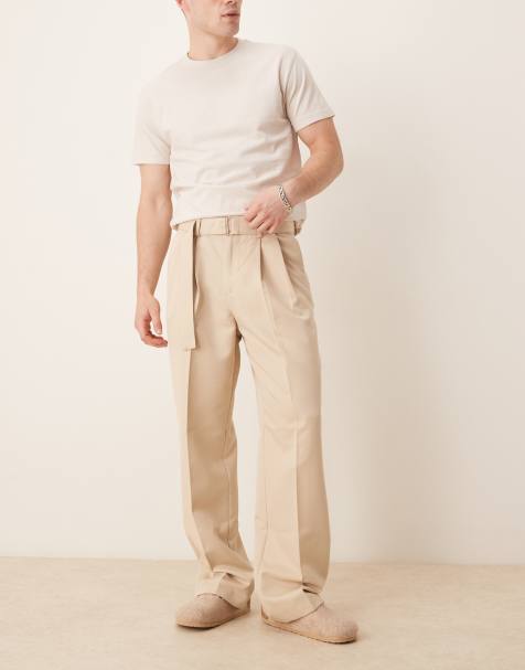 ASOS DESIGN belted wide leg dress pants with front double pleats in beige - view 1