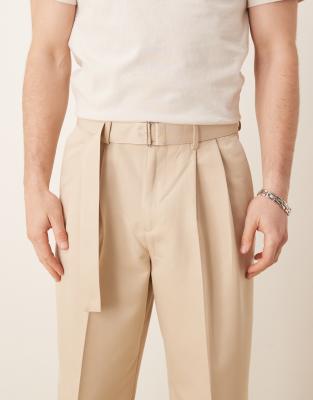 Asos Design Belted Wide Leg Dress Pants With Front Double Pleats In Neutral