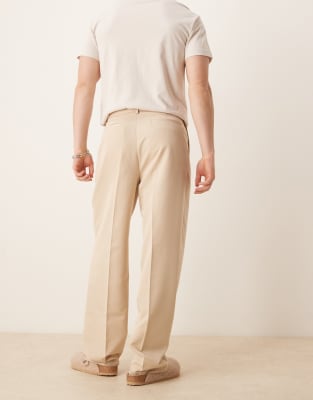 ASOS DESIGN smart belted wide leg trousers with front double pleats in beige