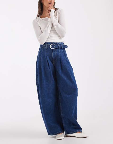 ASOS DESIGN belted wide leg jean in mid blue - view 1