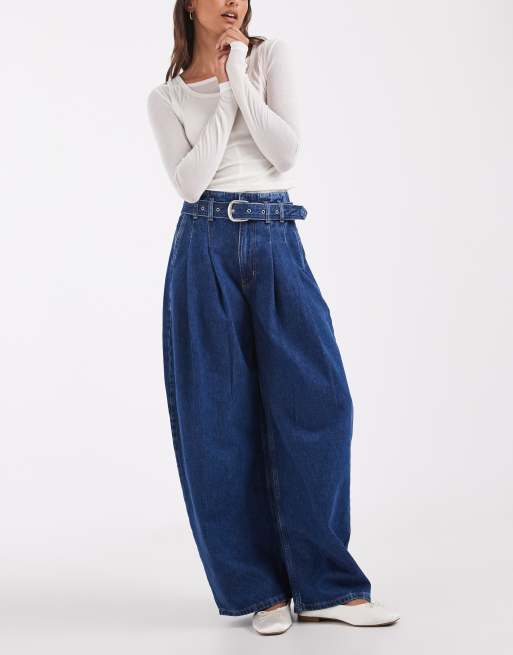 ASOS DESIGN belted wide leg jean in mid blue | ASOS
