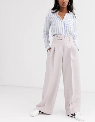 high waisted belted wide leg trousers