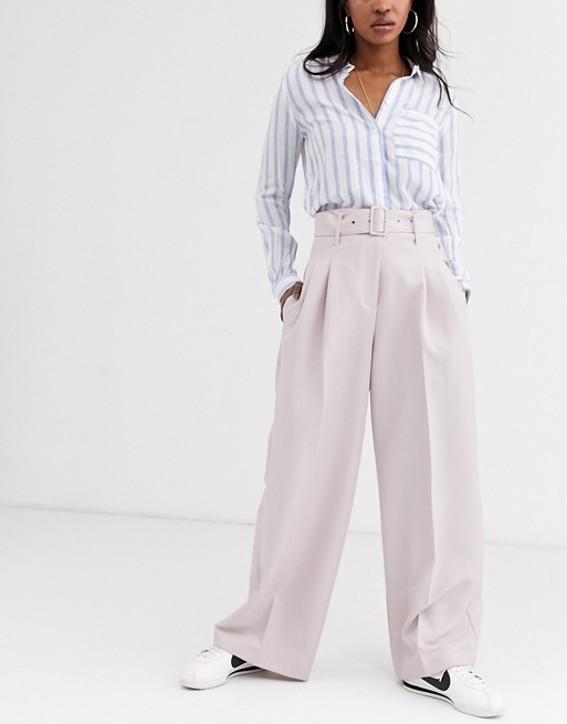ASOS DESIGN belted wide leg trousers in stone