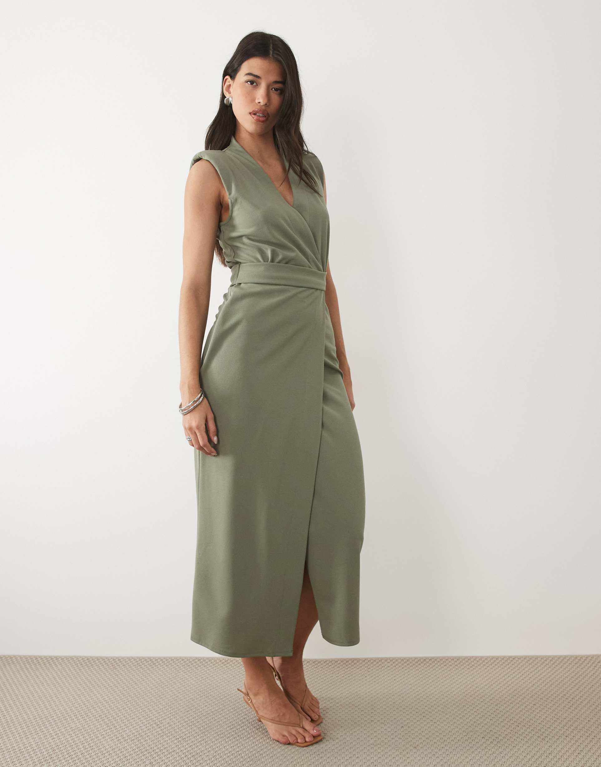 asos design belted wrap midi dress with shoulder pad in khaki scuba-style fabric