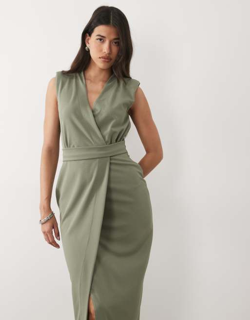 ASOS DESIGN belted wrap midi dress with shoulder pad in khaki scuba-style fabric, 3 of 4