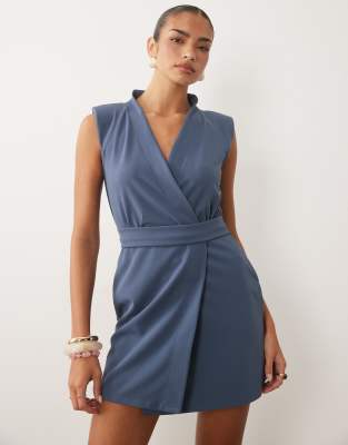 Asos Design Belted Wrap Mini Dress With Shoulder Pad In Blue