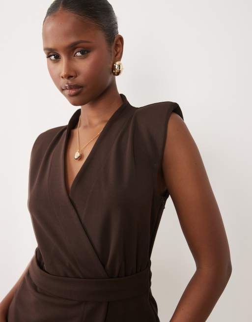 ASOS DESIGN belted wrap mini dress with shoulder pad in chocolate scuba-style fabric, 4 of 4