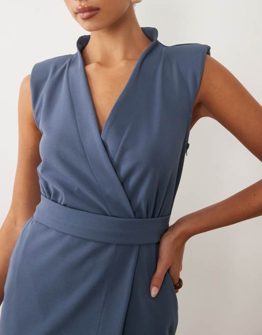 ASOS DESIGN belted wrap mini dress with shoulder pad in mid blue scuba-style fabric, 3 of 4