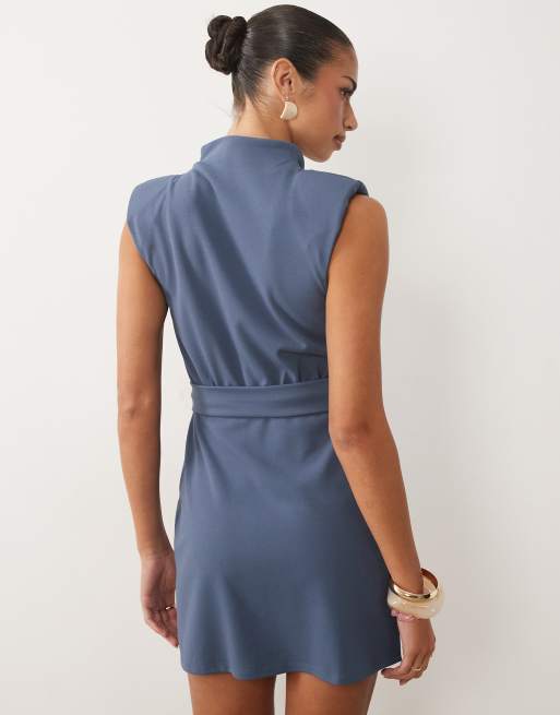 ASOS DESIGN belted wrap mini dress with shoulder pad in mid blue scuba-style fabric, 4 of 4