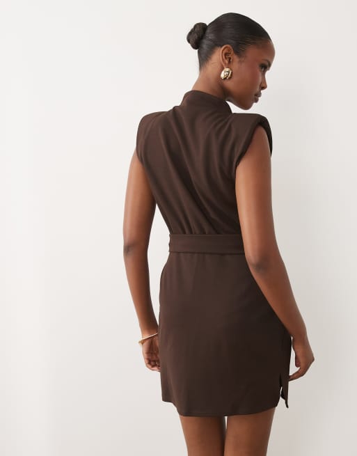 ASOS DESIGN belted wrap mini dress with shoulder pads in chocolate scuba-style fabric, 2 of 4