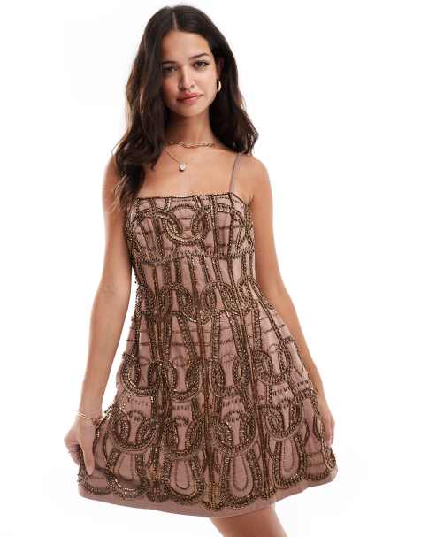 ASOS DESIGN - Belvormige mini-bandeaujurk met versiering in nertskleur - view 1