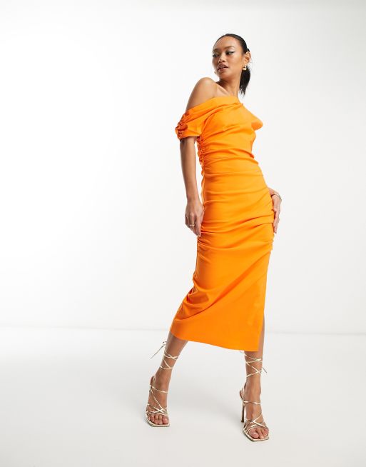 ASOS DESIGN bengaline asymetric drape midi dress in bright orange