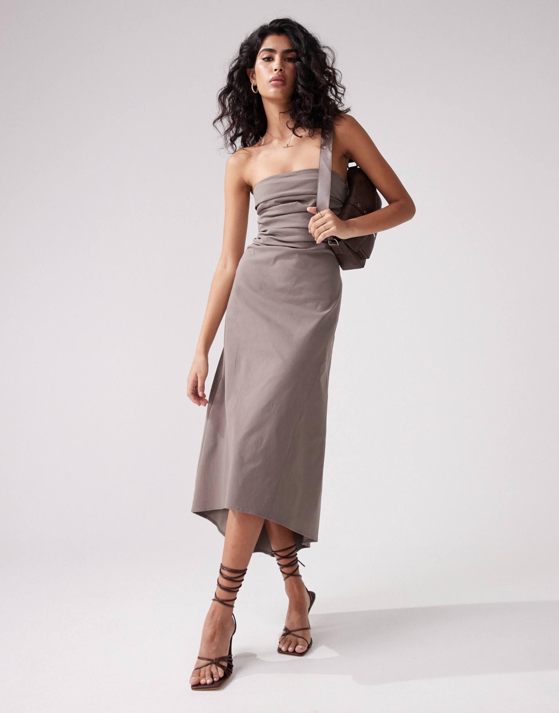 asos design bengaline bandeau knee length dress in taupe