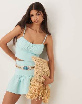 Asos Design Bengaline Corset Cami Top With Ruched Bust Detail In Blue