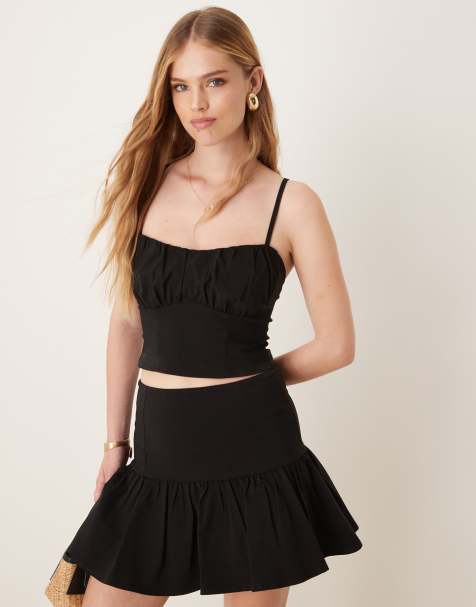 ASOS DESIGN bengaline corset cami top with ruched bust detail in black - part of a set - view 1