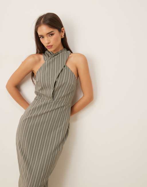 ASOS DESIGN bengaline cross neck midi column dress in stripe, 2 of 4