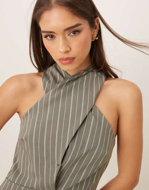 ASOS DESIGN bengaline cross neck midi column dress in stripe, 3 of 4