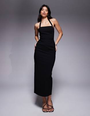 bengaline halter pencil midi dress in black