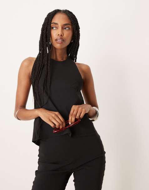 ASOS DESIGN bengaline halter top with tie back detail in black - part of a set - view 1