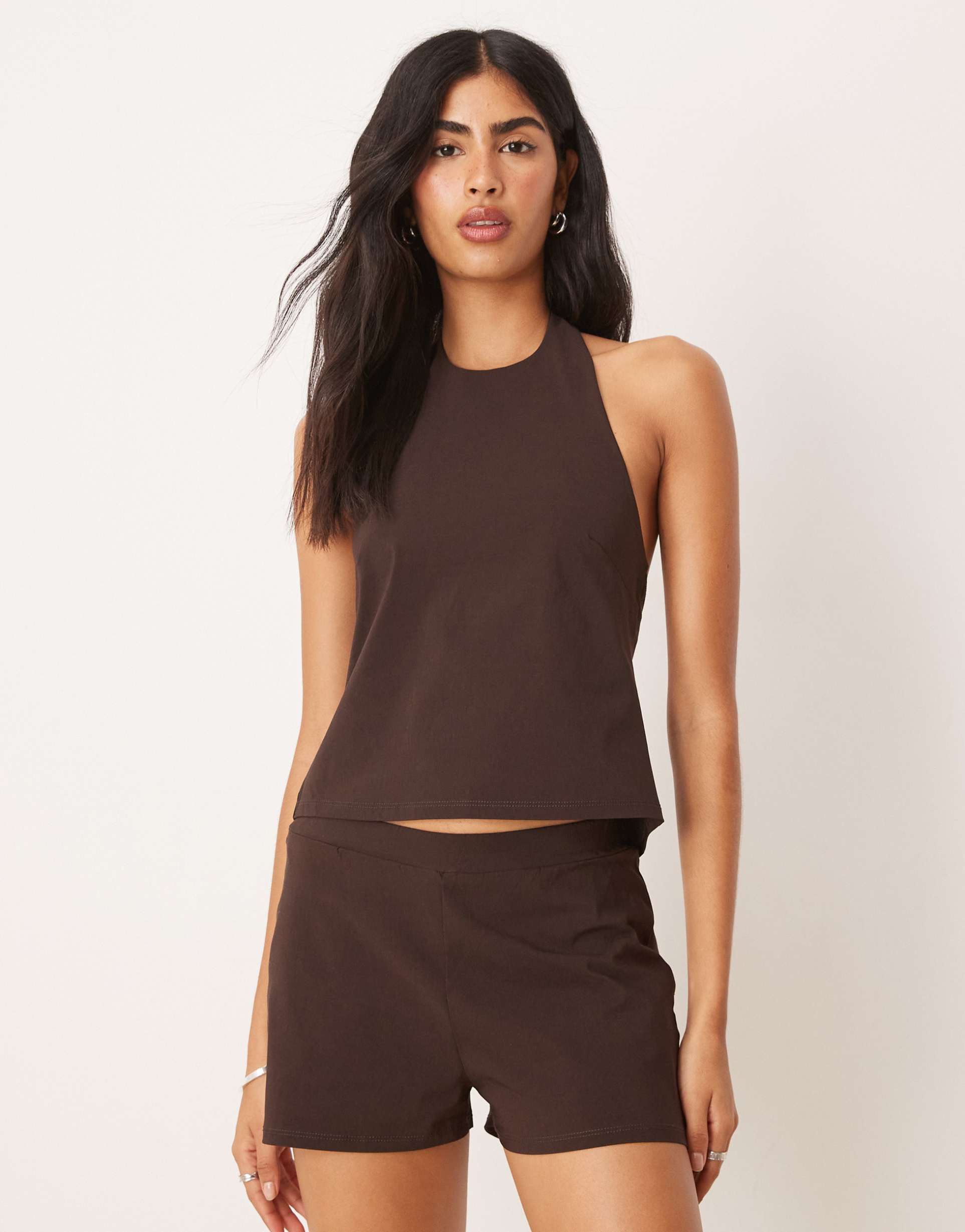 asos design bengaline halter with tie back detail in brown - part of a set