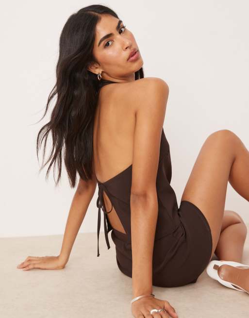 ASOS DESIGN bengaline halter with tie back detail in brown (part of a set), 2 of 4
