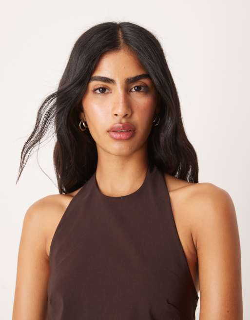 ASOS DESIGN bengaline halter with tie back detail in brown (part of a set), 3 of 4