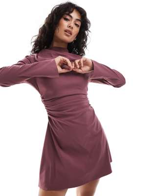 ASOS DESIGN ASOS DESIGN bengaline high neck long sleeve mini dress with ruching detail in burgundy-Pink