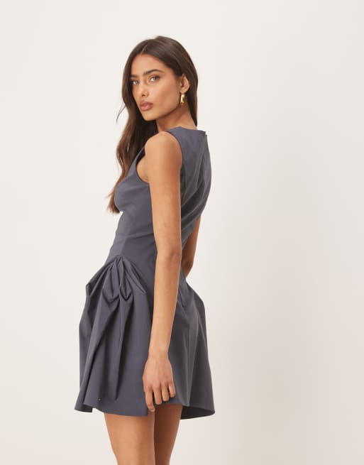 ASOS DESIGN bengaline high neck pleated hip detail mini dress in charcoal, 3 of 4