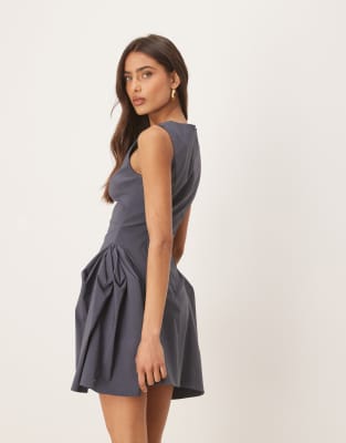 ASOS DESIGN bengaline high neck pleated hip details mini dress in charcoal