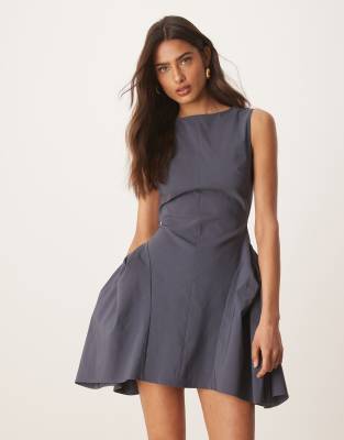 ASOS DESIGN bengaline high neck pleated hip details mini dress in charcoal
