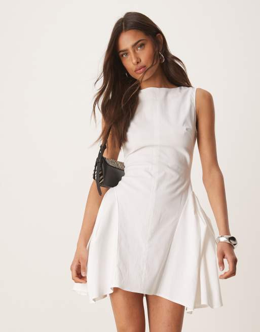 ASOS DESIGN bengaline high neck pleated hip details mini dress in ivory