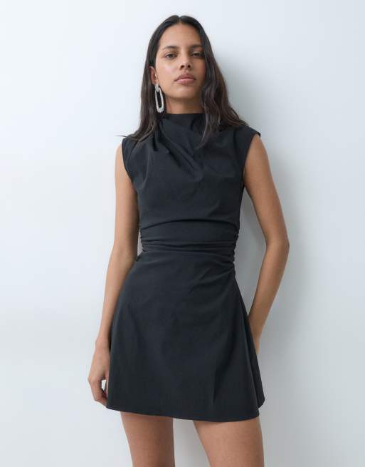 ASOS DESIGN bengaline high neck sleeveless mini dress with ruching detail in black, 5 of 5