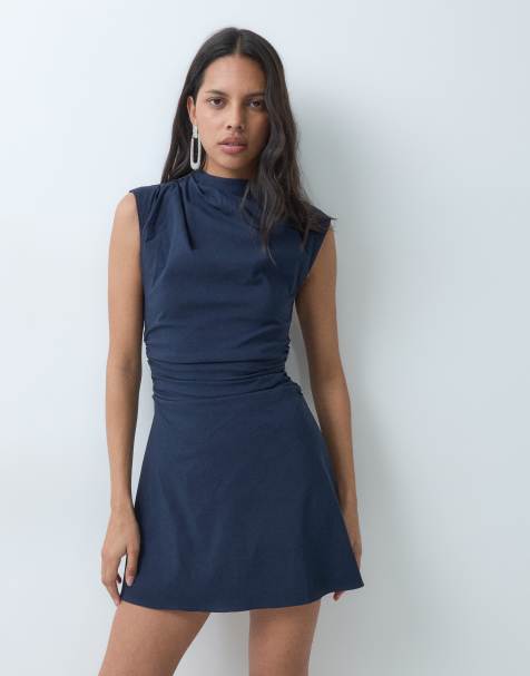 ASOS DESIGN bengaline high neck sleeveless mini dress with ruching detail in navy - view 1
