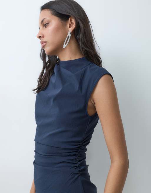 ASOS DESIGN bengaline high neck sleeveless mini dress with ruching detail in navy, 2 of 5