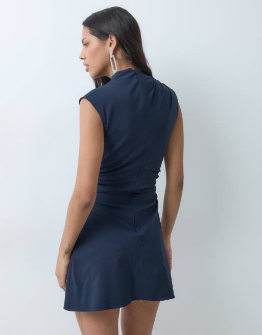 ASOS DESIGN bengaline high neck sleeveless mini dress with ruching detail in navy, 5 of 5