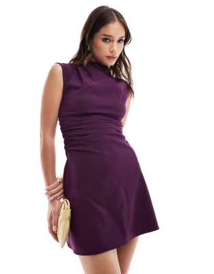 ASOS DESIGN ASOS DESIGN bengaline high neck sleeveless mini dress with ruching detail in plum-Purple