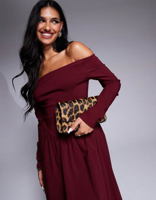 ASOS DESIGN - Bengaline midi bardotjurk met lange mouwen in bordeauxrood, 2 van 4