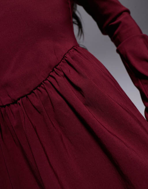 ASOS DESIGN - Bengaline midi bardotjurk met lange mouwen in bordeauxrood, 3 van 4