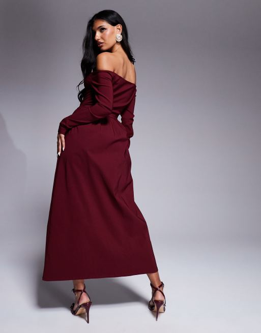 ASOS DESIGN - Bengaline midi bardotjurk met lange mouwen in bordeauxrood, 4 van 4