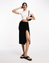 ASOS DESIGN midi skirt with ruched side and button detail in black