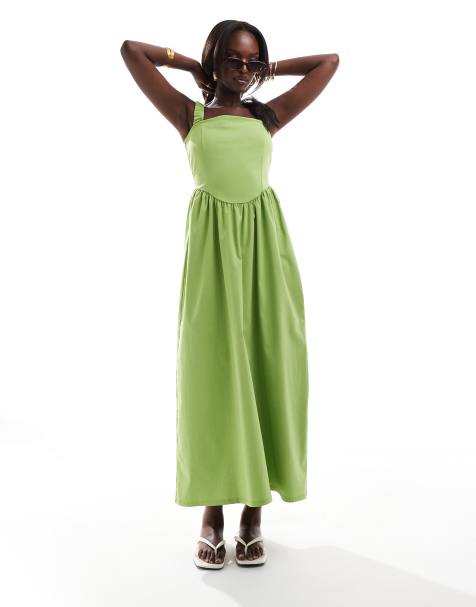 ASOS DESIGN – Bengaline-Midikleid im 90er-Stil in Limettengrün mit weitem Rock und eckigem Ausschnitt - view 1