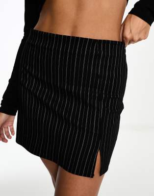 Asos Design Bengaline Mini Skirt With Split In Black Pinstripe In Black