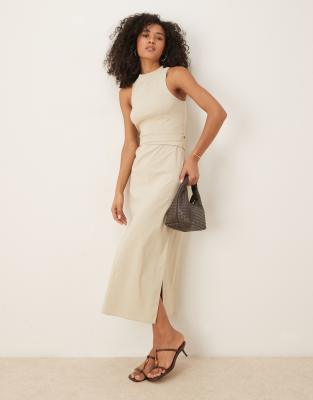 Asos Design Bengaline Pencil Midi Dress With Wrap Around Button Belt